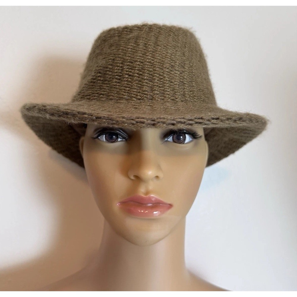 Womens 70s Vintage Fuzzy Knit Slouchy Soft Brim Fedora Cloche Hat Size OS Brown